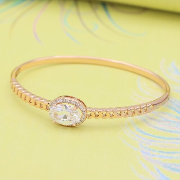 Oval Stone Rose Gold Bangle with Chain-Style Detailing, XPBL0443 - Picture 3 of 12